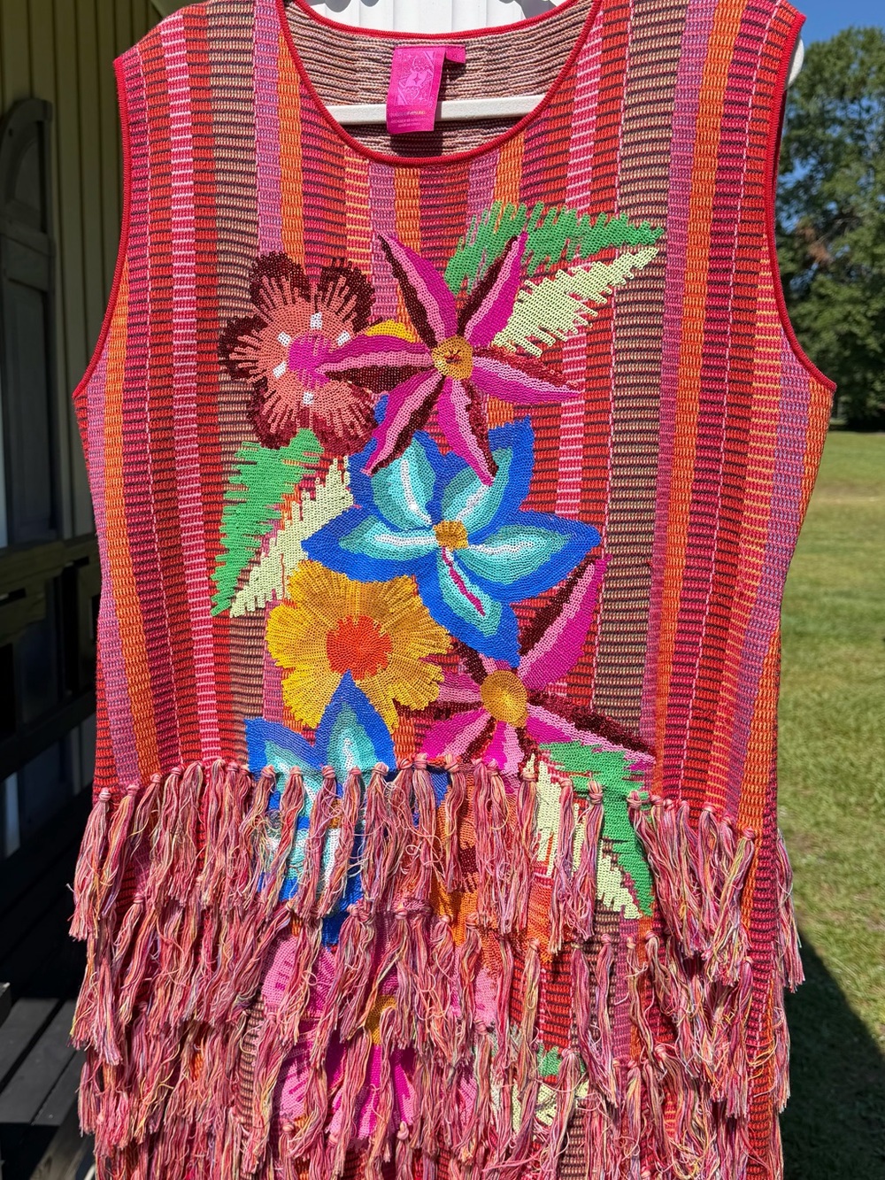 Queen of Sparkles Rainbow Floral Knit Fringe Tank Dress
